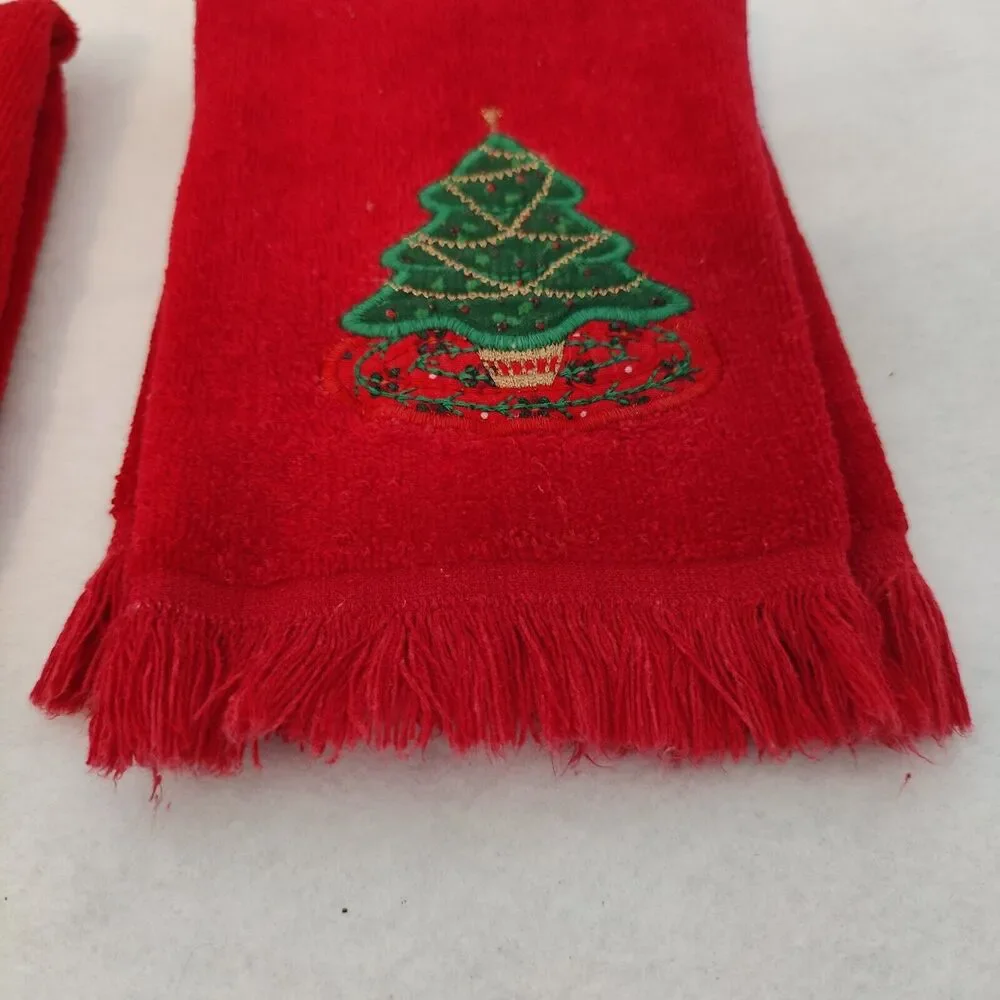 Cannon Red Christmas Tree Joy Embroider Fringe Hand Towels Set of 2 Pair Vintage